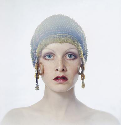 English model Twiggy wearing a beaded cap, circa 1971